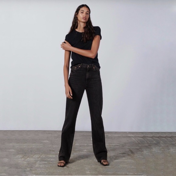 Zara The 90s Full Length High Rise Black Raw Hem Jeans - Picture 3 of 8